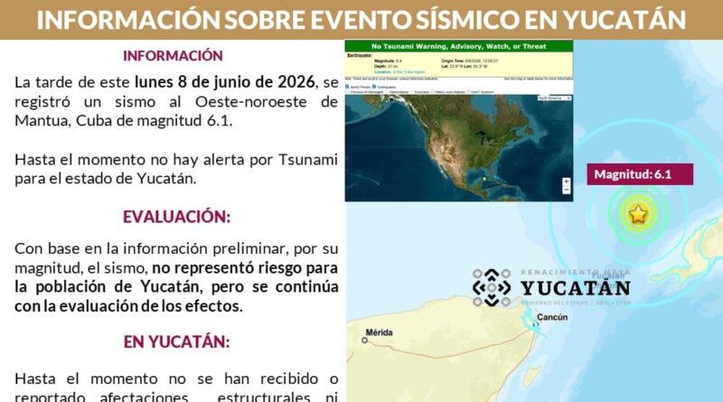 Sin daños en Yucatán tras sismo con epicentro frente a costas de Cuba