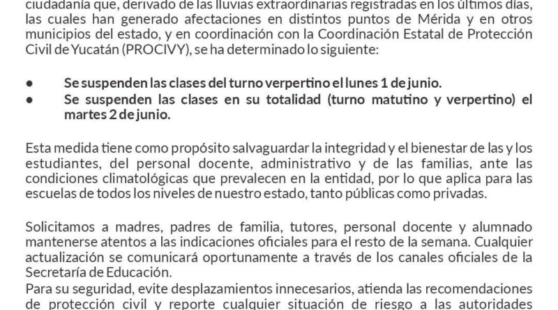 SUSPENDEN CLASES EN YUCATÁN POR LLUVIAS