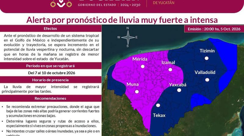 ALERTAN POR LLUVIAS EN YUCATÁN DEL 7 AL 10 DE OCTUBRE